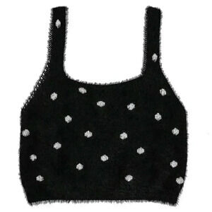 Black White Polka Dot Cropped Tank Top Size Large Stretchy‎ Fuzzy Crop Top